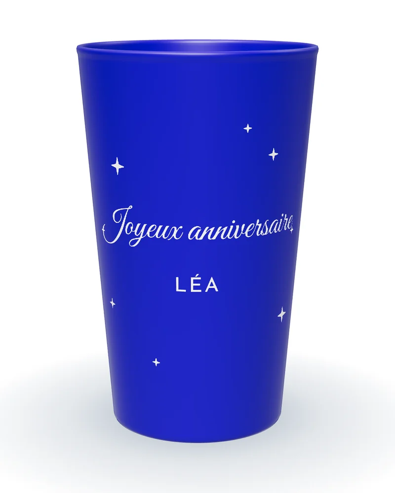 Gobelet personnalisé anniversaire bleu marine, étoiles blanches, Joyeux anniversaire en calligraphie et prénom