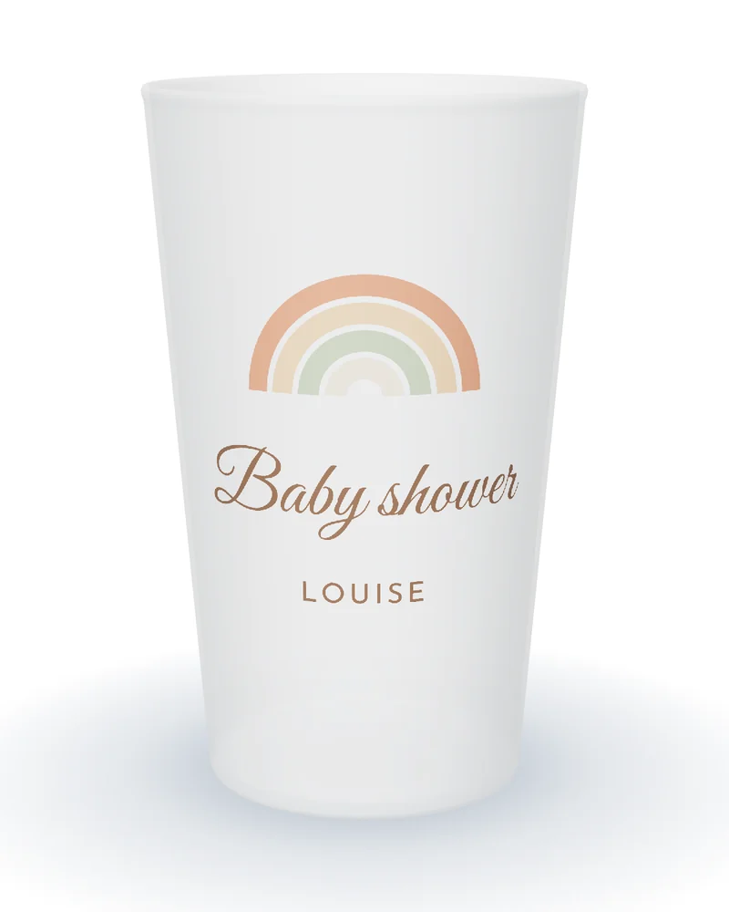 Gobelet personnalisé baby shower, arc-en-ciel bohème aux tons terre et Baby shower en calligraphie