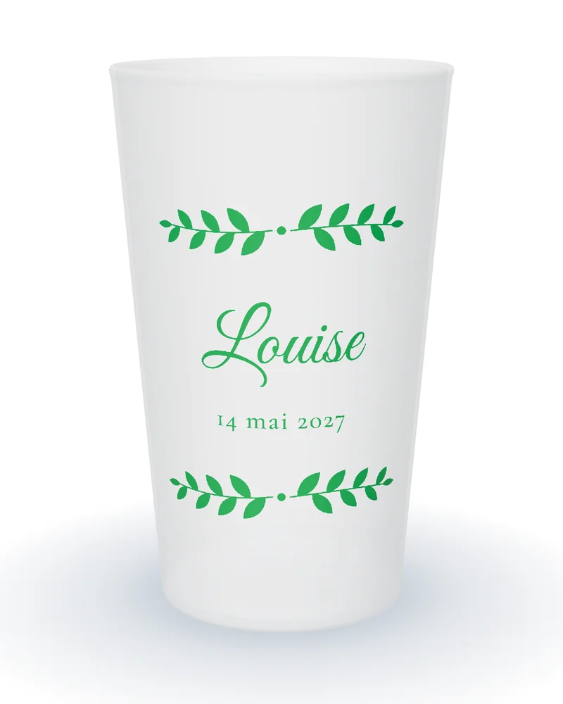 Gobelet personnalisé baptême, prénom en calligraphie entre deux rameaux verts, date