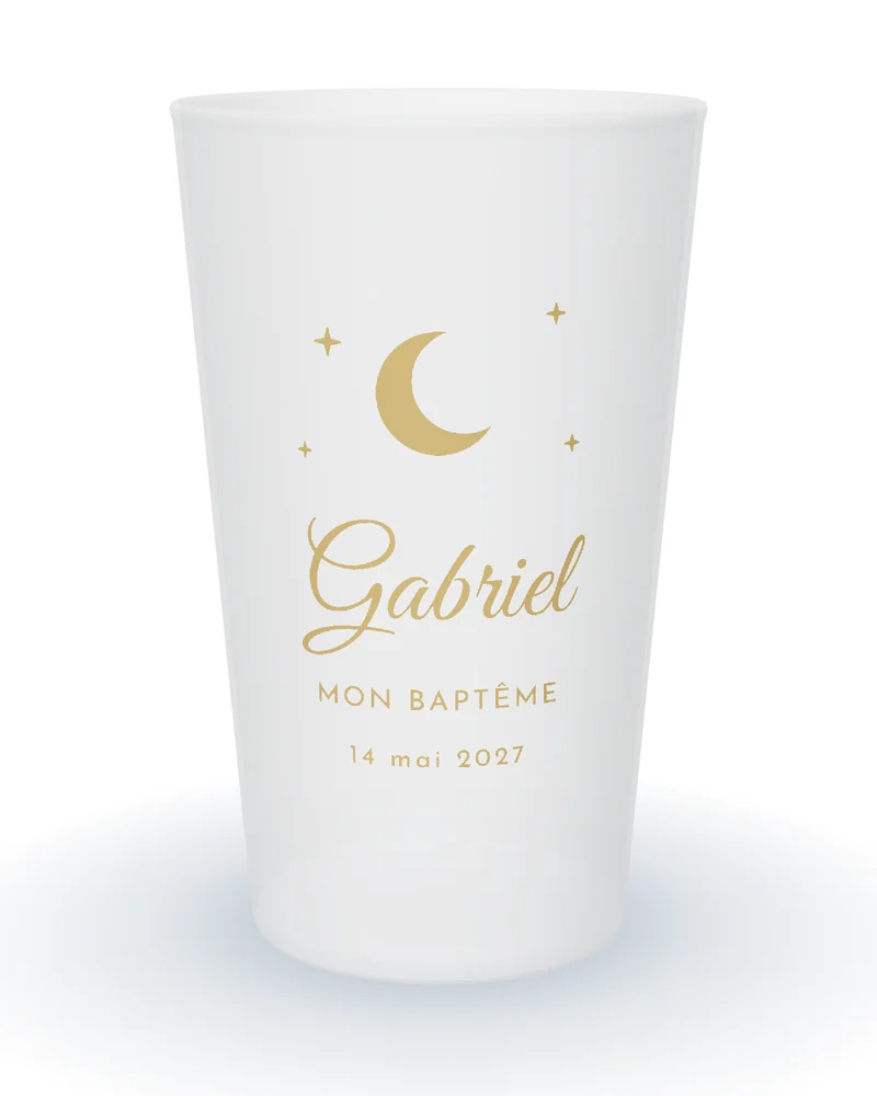 Gobelet personnalisé baptême, croissant de lune et étoiles dorées, prénom en calligraphie