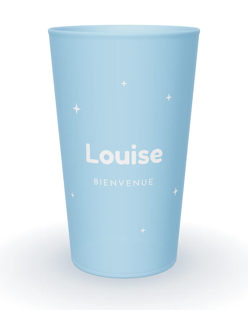 Gobelet personnalisé naissance givré bleu, étoiles blanches et prénom en lettres rondes