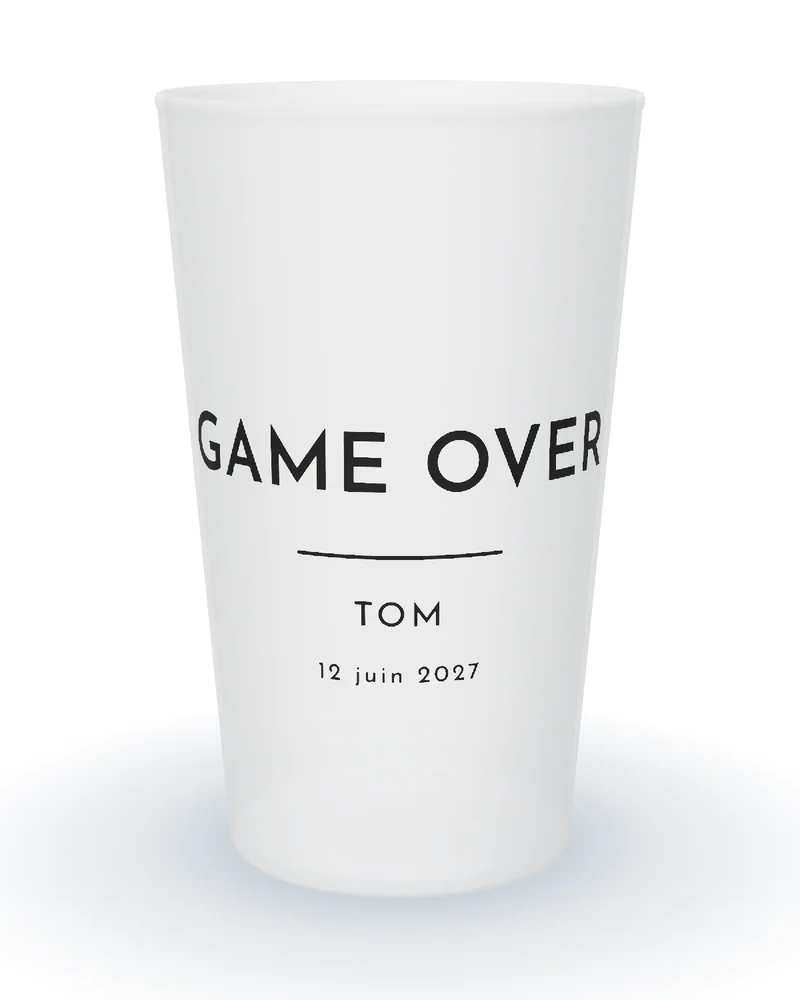 Gobelet personnalisé EVG, Game over en grandes capitales noires, prénom du futur marié et date