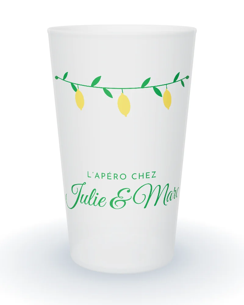 Gobelet personnalisé apéro, branches de citronnier jaunes et vertes, L’apéro chez et prénoms en calligraphie