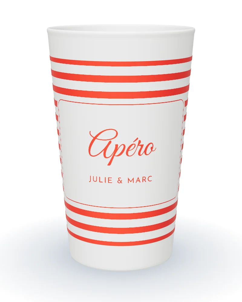 Gobelet personnalisé apéro blanc, rayures rouges façon terrasse, Apéro en calligraphie dans un cartouche