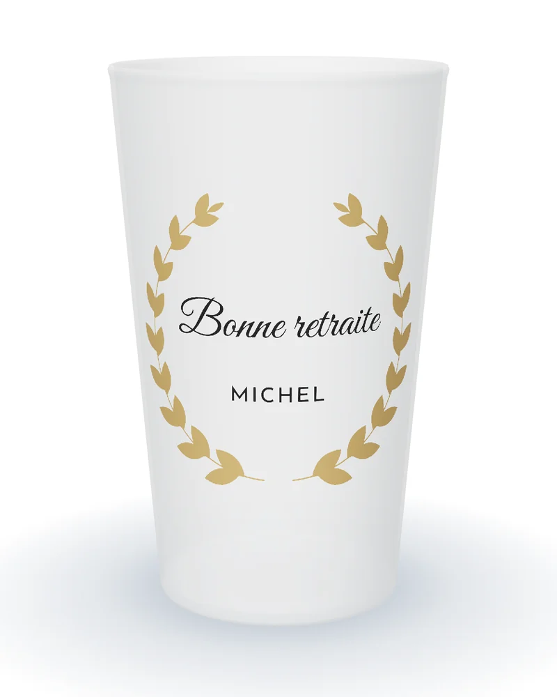 Gobelet personnalisé retraite, Bonne retraite en calligraphie dans une couronne de laurier dorée, prénom