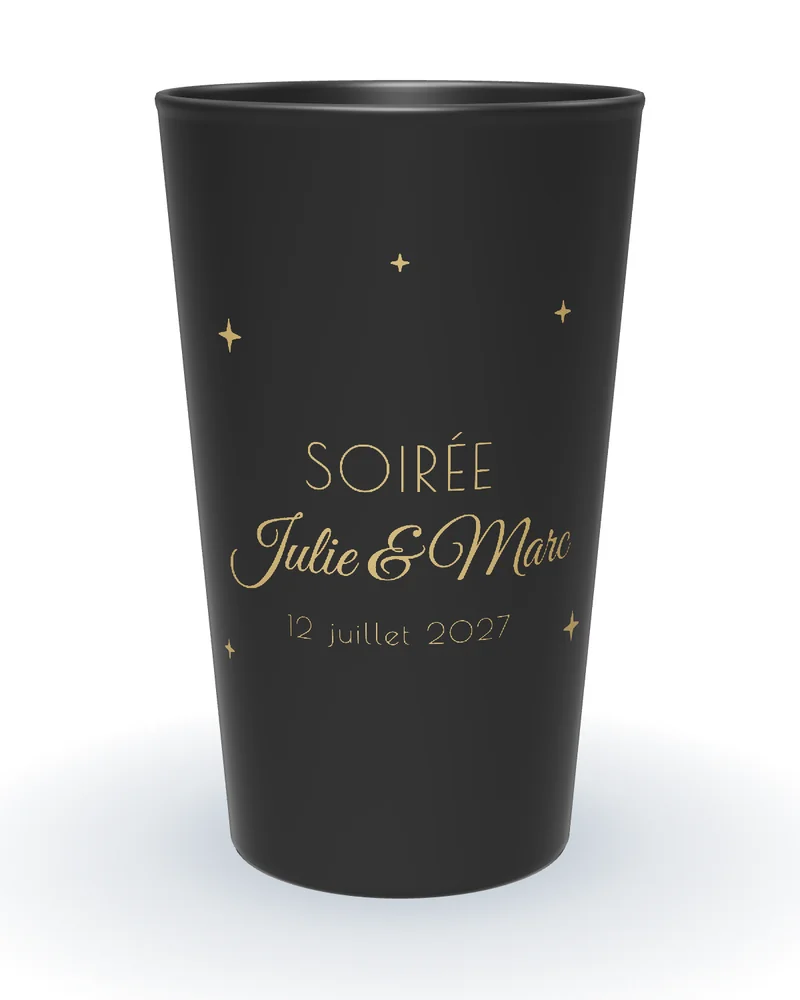 Gobelet personnalisé soirée noir, étoiles dorées et Soirée en capitales art déco, date