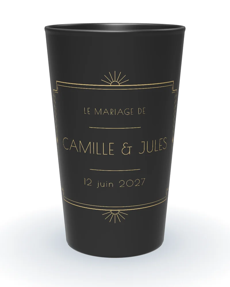 Gobelet personnalisé mariage art déco noir, cadre à pans et éventails dorés, prénoms en capitales