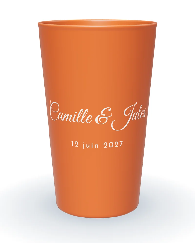 Gobelet personnalisé mariage bohème terracotta, prénoms en calligraphie blanche
