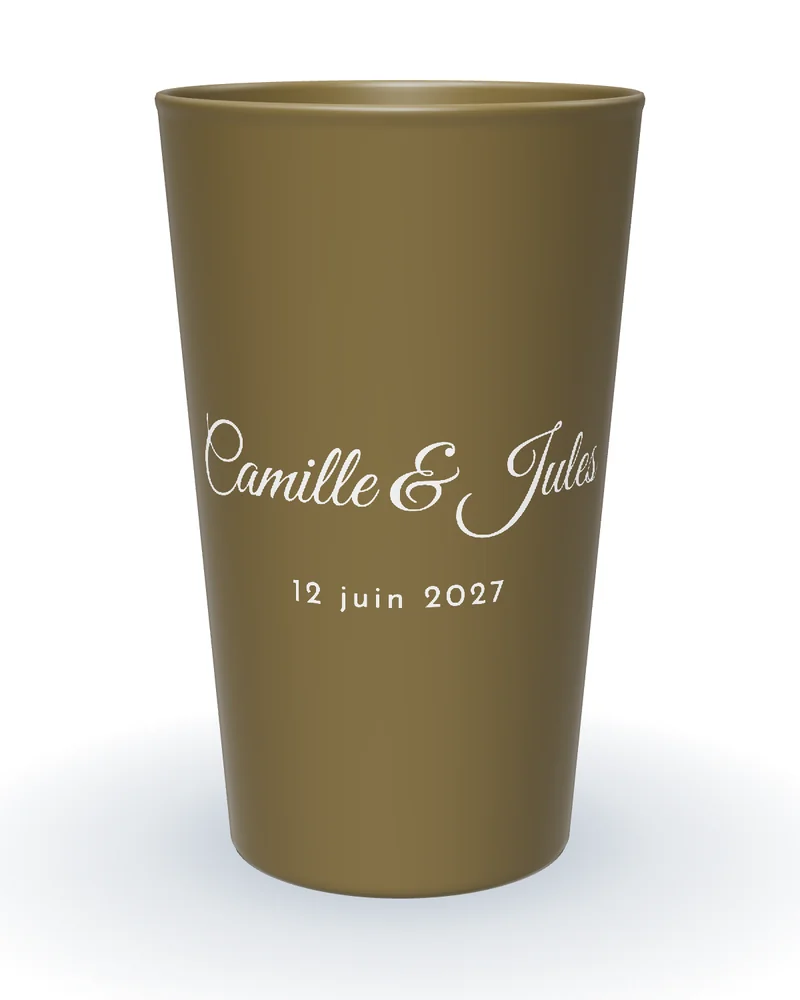 Gobelet personnalisé mariage champêtre kaki, prénoms et date en calligraphie blanche