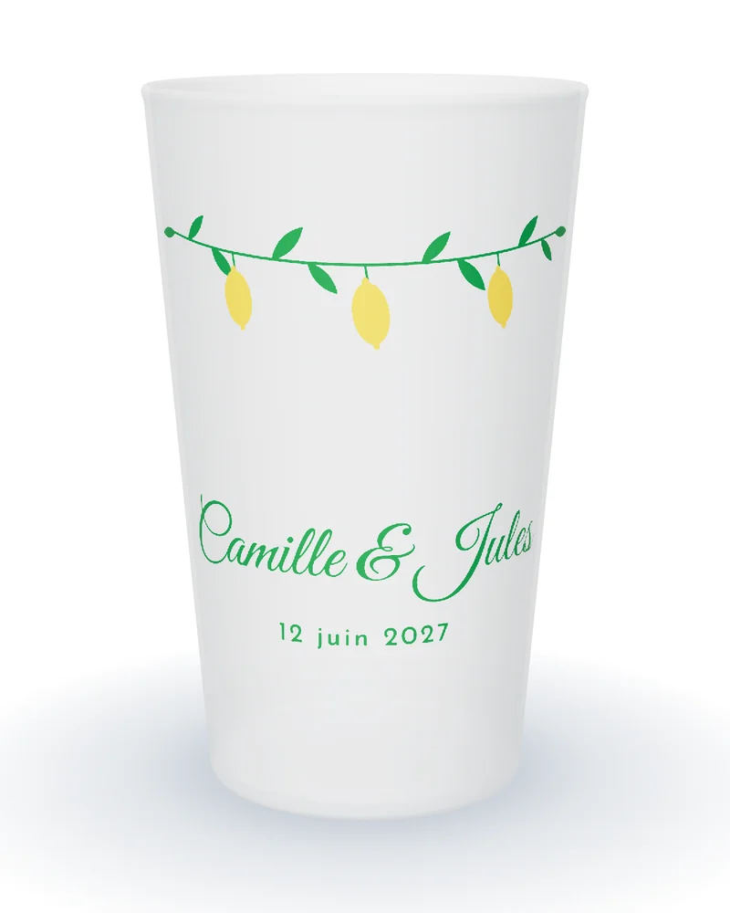 Gobelet personnalisé mariage Dolce Vita, branches de citronnier jaunes et vertes, prénoms en calligraphie