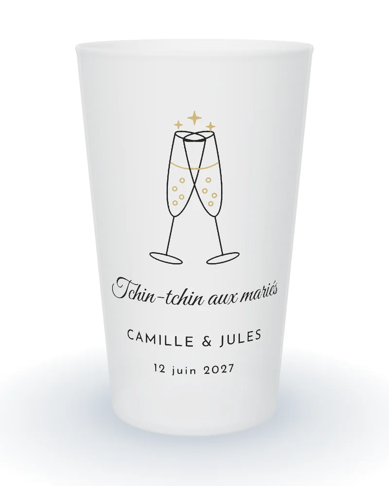 Gobelet personnalisé mariage festif, deux flûtes de champagne qui trinquent et « Tchin-tchin aux mariés »