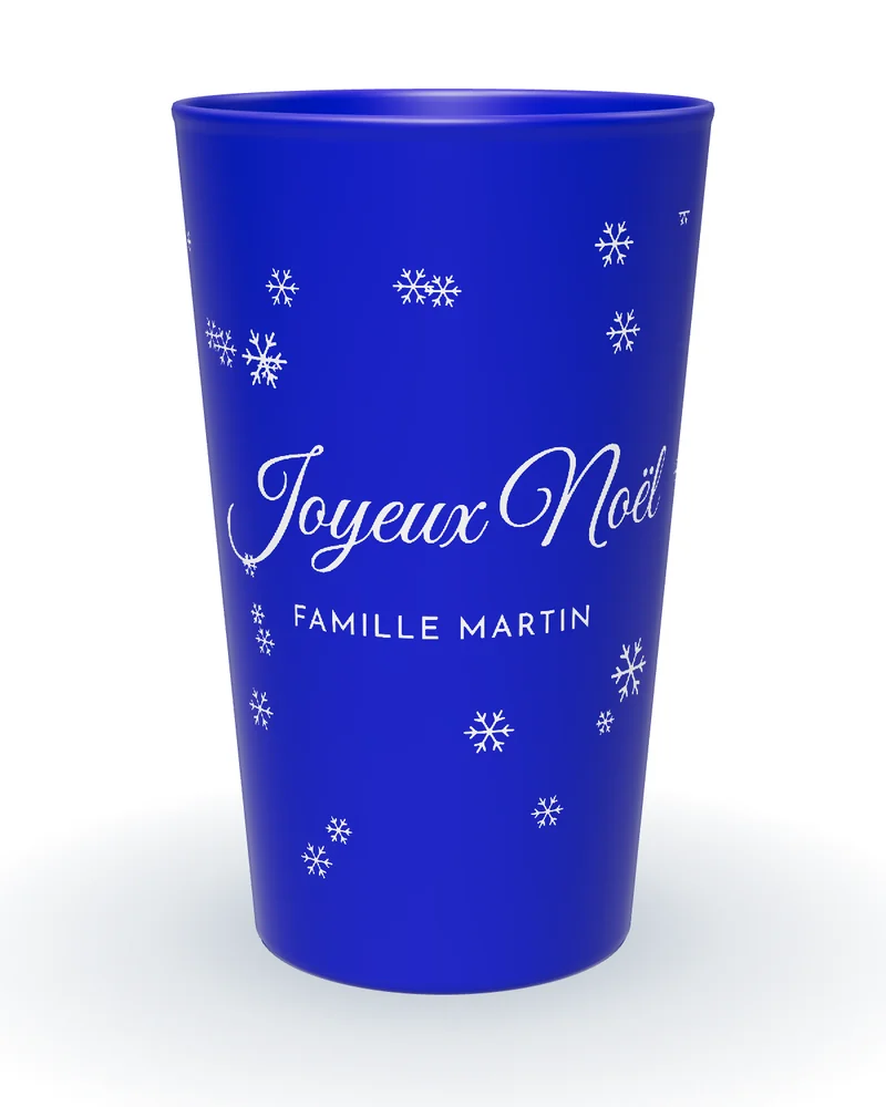 Gobelet personnalisé Noël bleu marine, flocons de neige blancs, Joyeux Noël en calligraphie