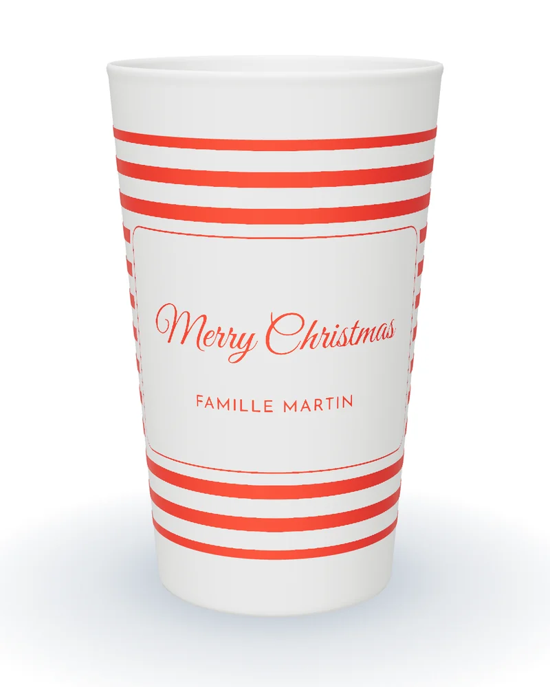 Gobelet personnalisé Noël blanc, rayures rouges façon sucre d’orge, Merry Christmas dans un cartouche