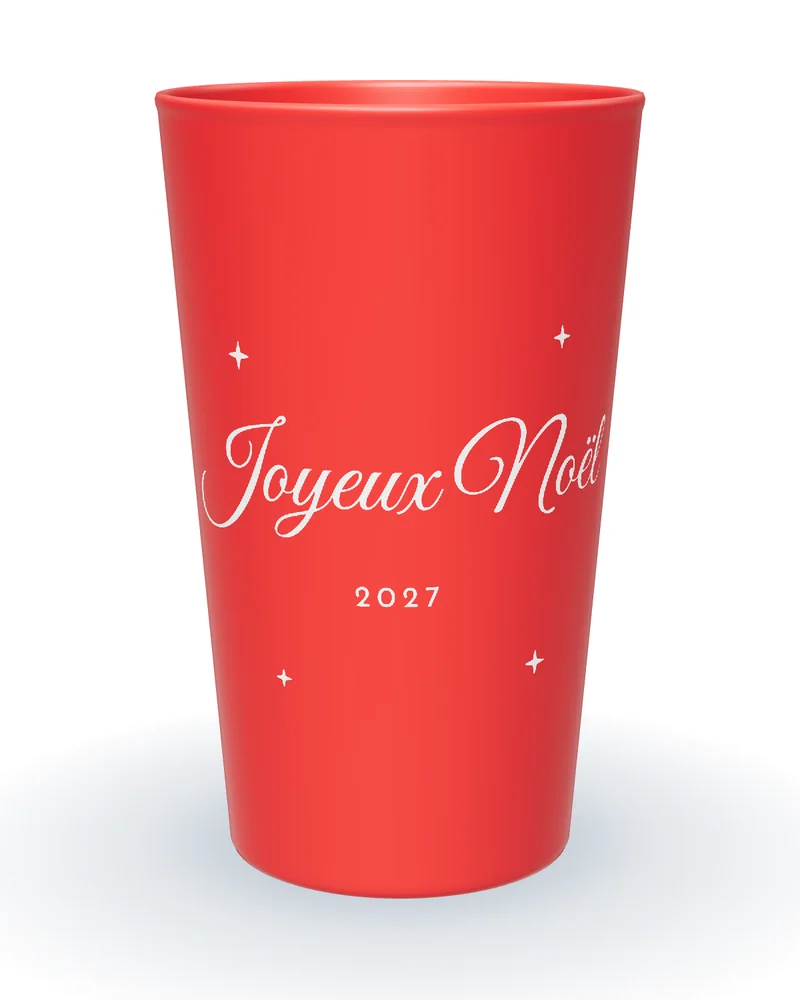 Gobelet personnalisé Noël rouge, Joyeux Noël en calligraphie blanche, étoiles et année