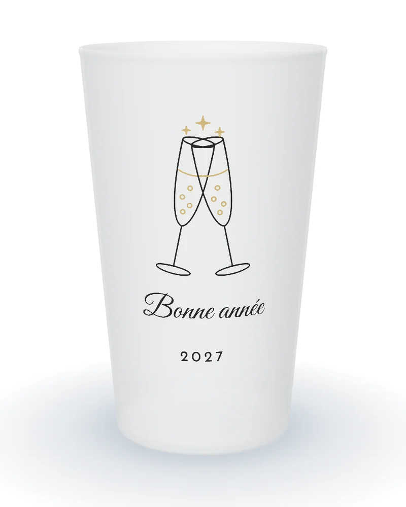 Gobelet personnalisé nouvel an, deux flûtes dorées qui trinquent, Bonne année en calligraphie et année