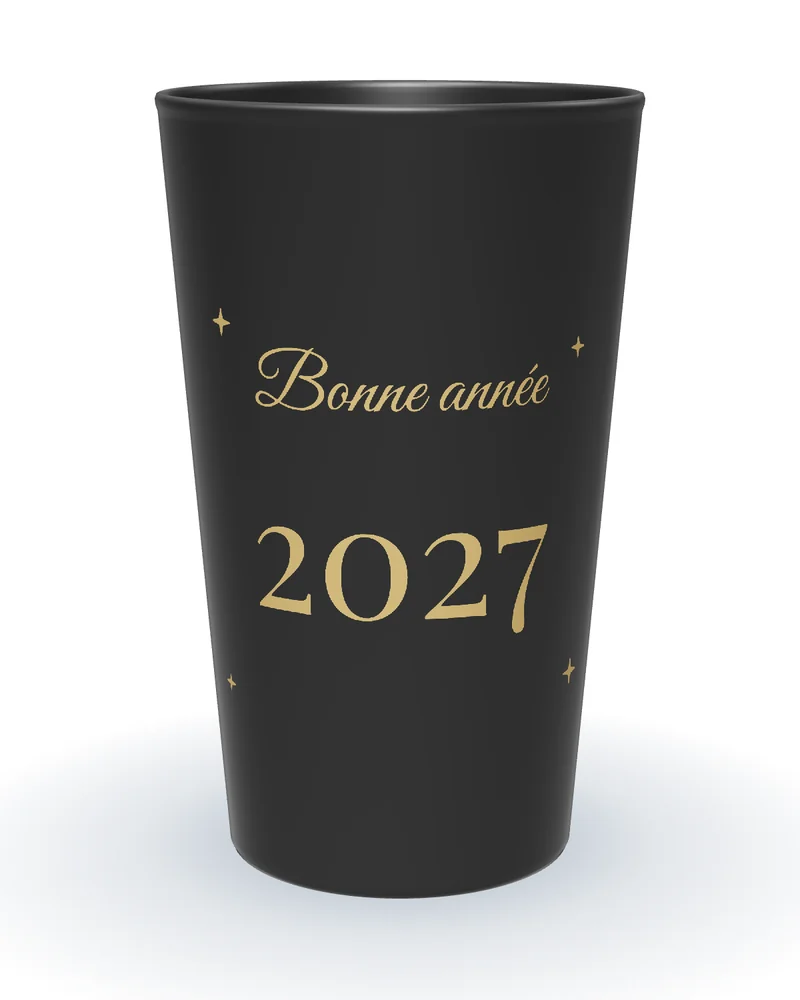 Gobelet personnalisé nouvel an noir, grande année dorée, étoiles et Bonne année en calligraphie