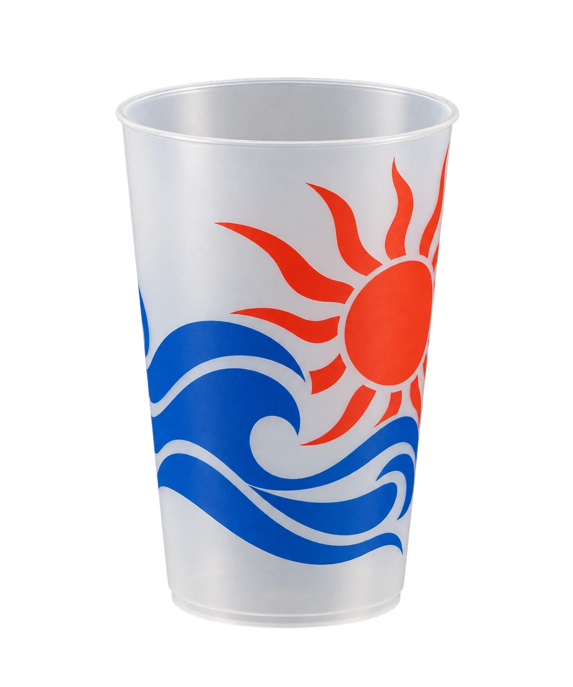 Gobelet givré sérigraphié deux couleurs, soleil corail et vagues bleues
